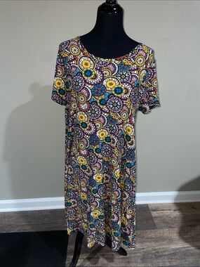 LuLaRoe Multicolor Medallion Midi Dress in Yellow, Teal, Purple, Pink, Cream
